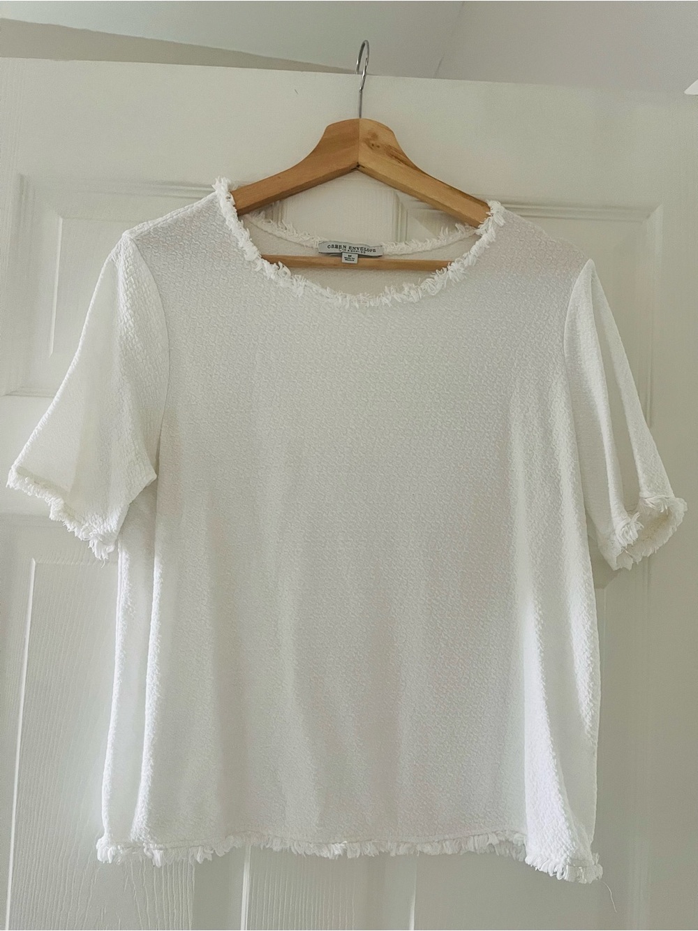 Green Envelope White Short Sleeve Sweater Tee with Frayed Trim